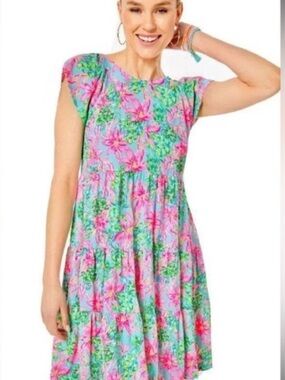 Lilly Pulitzer Pink & Aqua Floral Tiered Casual Dress